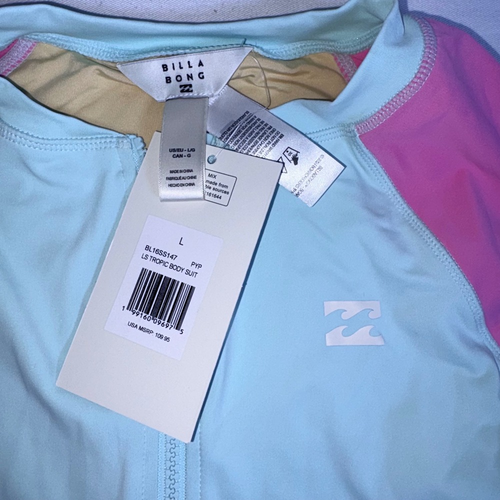 Billabong LS Tropic paddle suit Large Blue Pink Colorblock Long Sleeve Rashguard - Picture 9 of 9